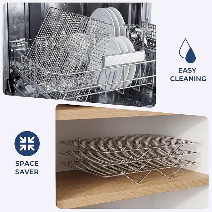 E-far Cooling Rack 15”x10”, 4-Tier Collapsible for Cooking and Baking | Tight-Wire Stainless Steel Cookie Rack for Baking Sheet, Oven, Roasting, Stackable & Space Saving, Dishwasher Safe
