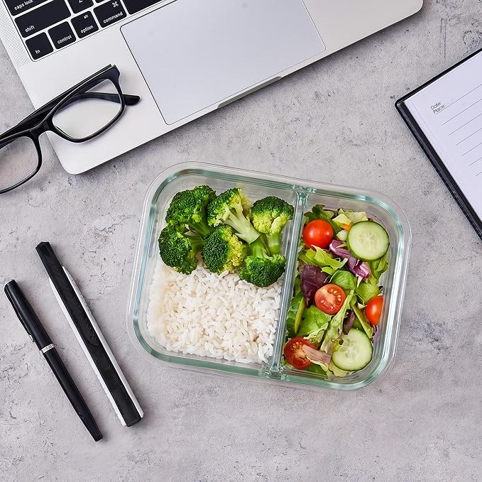 8 Pack 2 Compartment 30oz Borosilicate Glass Meal Prep Containers with Lids | Glass Food Storage Containers Set, Airtight Lunch Bento Boxes, BPA-Freefree & Leak proof, Dishwasher Freezer, Oven Safe