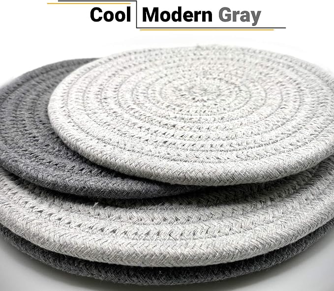 Potholders Set Trivets Set of 4[Two 9-Inch + Two 7-Inch] | 100% Eco Pure Cotton Thread Weave Trivets for Hot Pots and Pans | Hot Coasters | Hot Pads for Kitchen | Hot Mats | Light Gray & Dark Gray