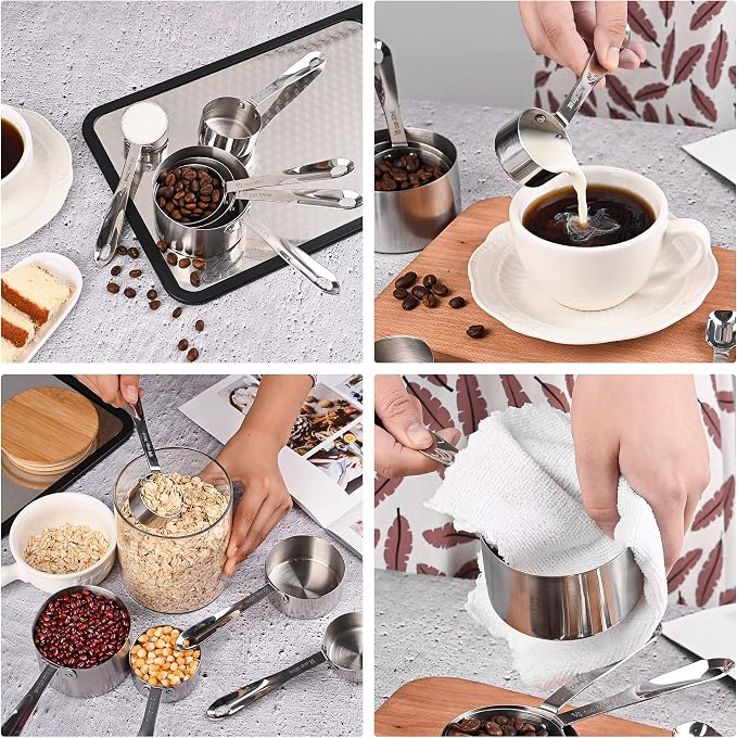 Stainless Steel Measuring Cups and Spoons Set of 12, 5 Dry Measuring Cups and 6 Measuring Spoons With Leveler for Kitchen