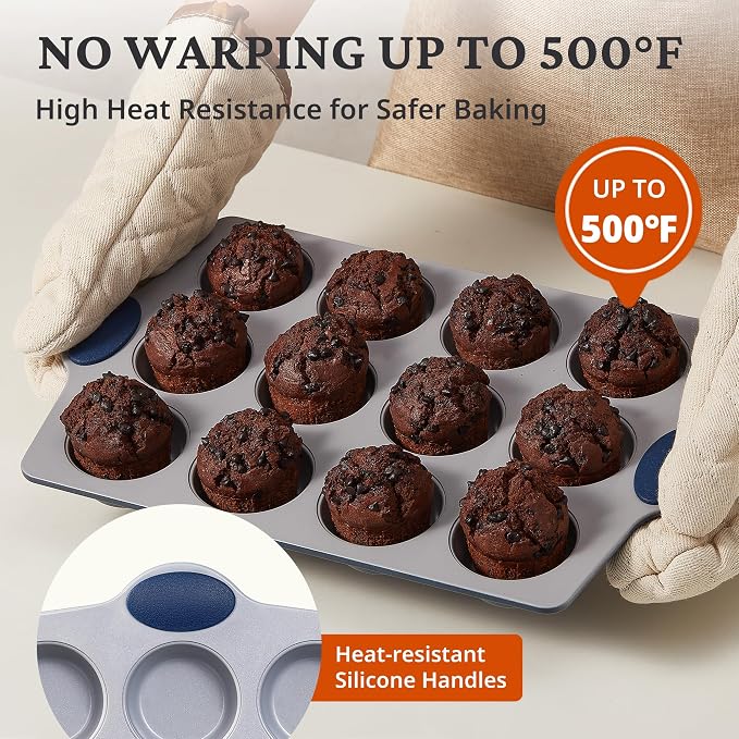 BRONYPRO 12-Cup Non Toxic Nonstick Ceramic Muffin Pan & Cupcake Tin, PFOA & PFOA Free, Heavy Duty Rust-Resistant Aluminized Steel, Oven Safe, Blue