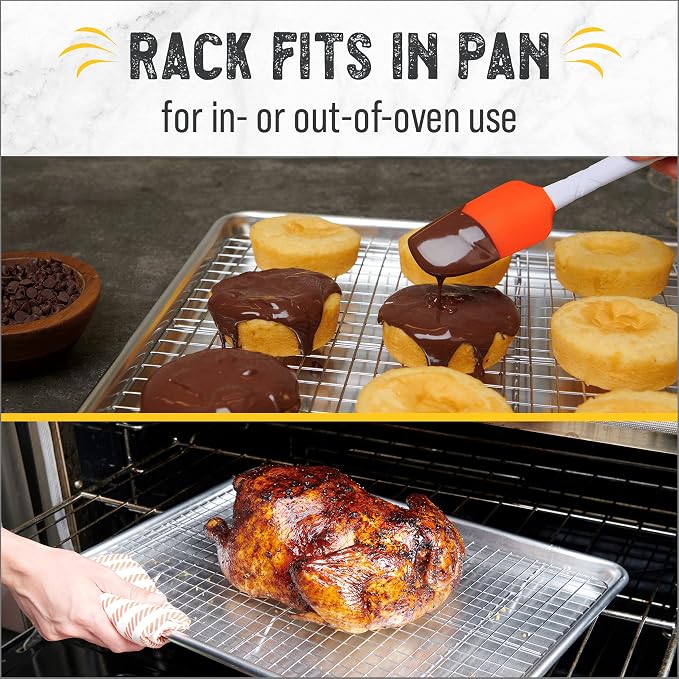 Baking Sheet Pan and Cooling Rack - Half Sheet, 18" x 13" Aluminum Cookie Sheets and Stainless Steel Wire Rack for Baking