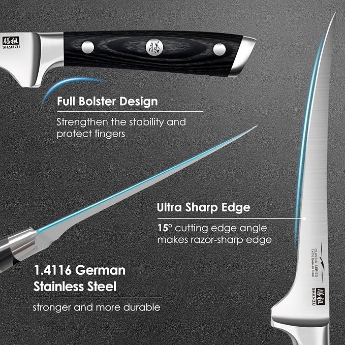 SHAN ZU Fillet Knife 7 Inch- Edge Deboning Fish and Meat Boning Knife, Professional Super Sharp Fish Knives Made of German Stainless Steel Boning Knives with Full Tang Handle