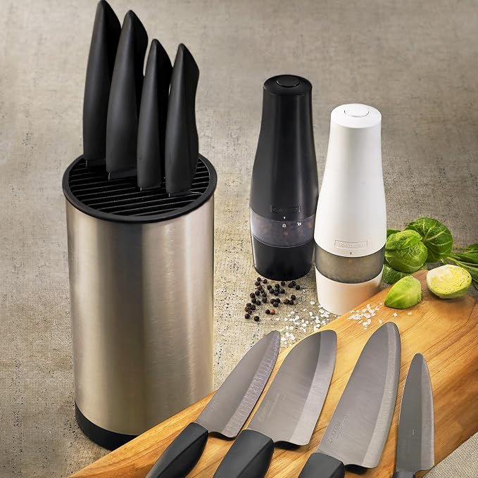 Kyocera KB-U-SS Universal Knife Block, One, Stainless 8.8" x 4.3" | KYOCERA Universal Knife Block: Compact, Round Storage for 6-8 Ceramic Knives, Removable Slotted Top, Dishwasher-Safe Design