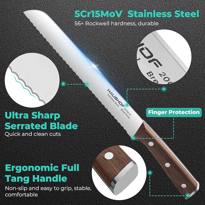 HAUSHOF Bread Knife with Sheath, 8-Inch Serrated Bread Knife for Homemade Bread, 5Cr15Mov Premium Stainless Steel Bread Cutter with Gift Box for Mom Dad, Full Tang and Ergonomic Handle
