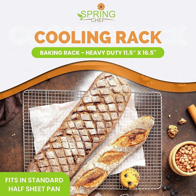 Spring Chef 11.5 x 16.5 Inch Stainless Steel Cooling Racks for Cooling & Baking - Oven Safe - Wire Roasting Racks for Oven Use - Fits Half Sheet Cookie Pan - Dishwasher Safe - Set of 2