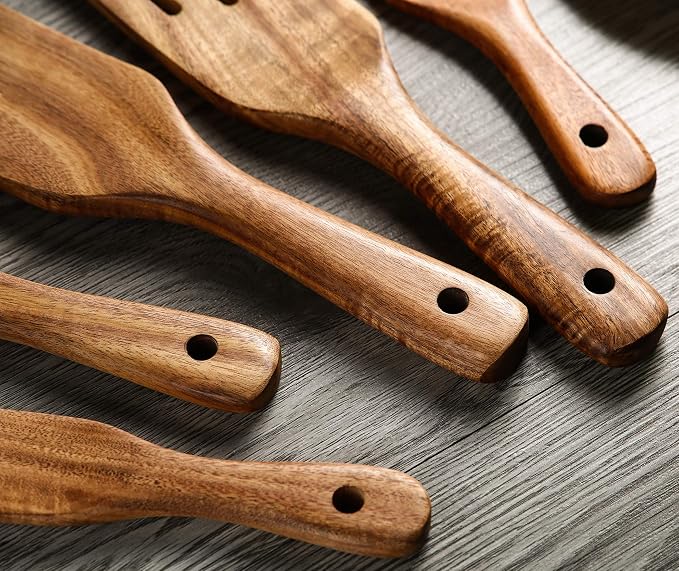 Wooden Spurtles Set with Holder, Natural Teak Kitchen Utensil Set of 6, Heat Resistant Non Stick Wood Cookware with Hanging Hole, Wood Spurtles Spatula Sets for Stirring, Mixing, Serving