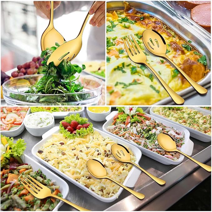 Homikit Stainless Steel Gold Serving Utensils Set of 6, 8.7 Inch Metal Serving Spoons Slotted Spoons Forks Hostess Set for Catering Buffet Party Banquet Restaurant, Mirror Polish, Dishwasher Safe