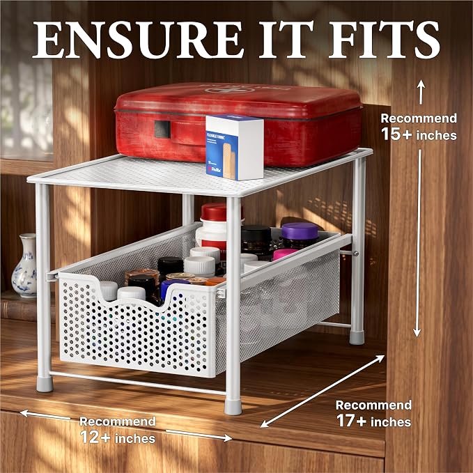 Simple Houseware Stackable Under Sink Sliding Basket Drawer, White | Perforated Free Standing Organizer, Kitchen/Pantry/Cabinet/Counter