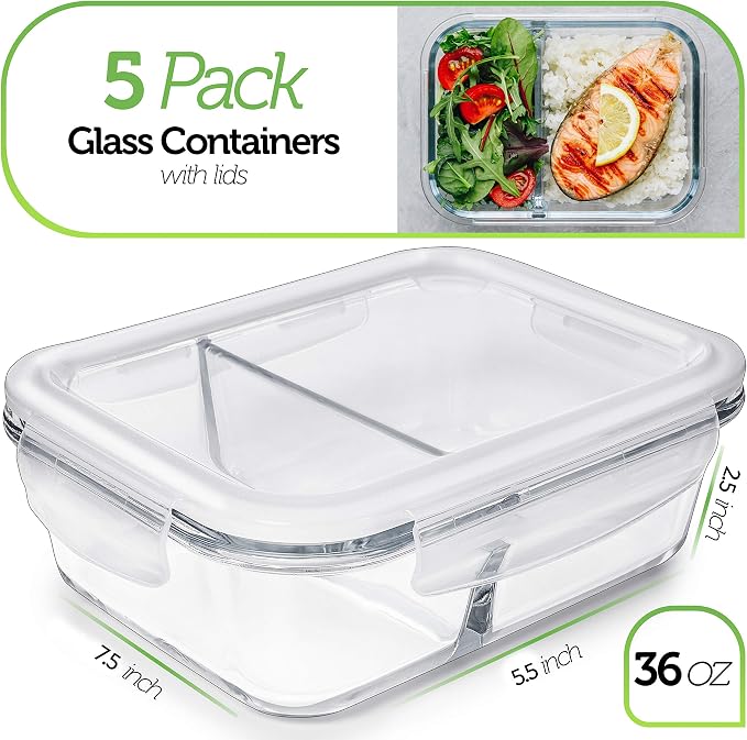 Prep Naturals 5 Pack 36oz Glass Meal Prep Containers - 2 Compartments | 2-Compartment Borosilicate Glass Meal Prep Containers - Airtight Lids, Microwave, Oven & Freezer Safe (5-Pack, 36 oz)
