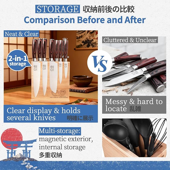 XYJ Magnetic Knife Block, Double Side Magnets, Natural Wood, Large Capacity Kitchen Storage for Knives and Utensils, Knife Holder Organizer Rack Tool without Knives