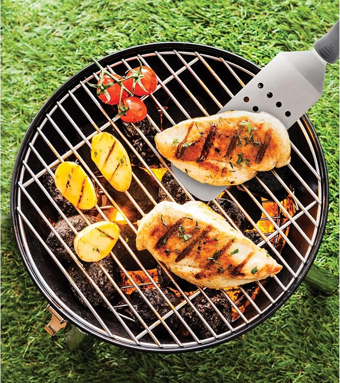 HIC Kitchen Perforated Burger Turner with Soft Grip Handle, Stainless Steel