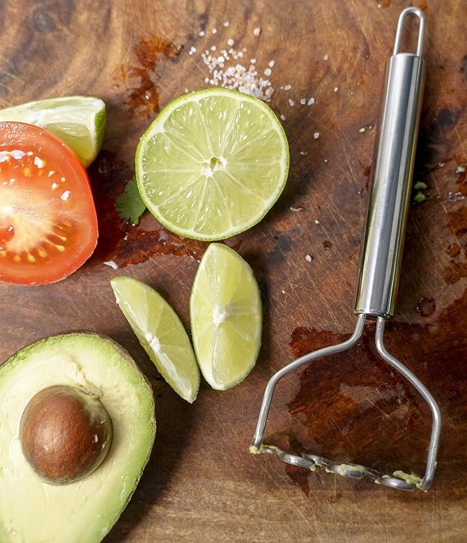 RSVP International Endurance Kitchen Tool Collection Handheld Potato & Avocado Masher, Dishwasher Safe, 7x2.75", Stainless Steel