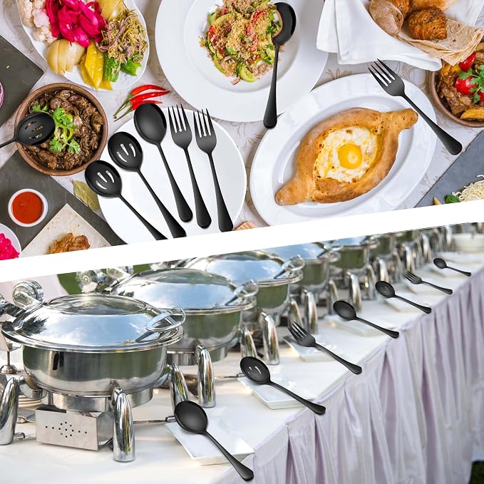 Homikit Large Black Serving Spoons Forks Set of 6, Stainless Steel Serving Utensils for Catering Buffet Banquet Party Kitchen Restaurant, 9.8 Inch Big Metal Hostess Set, Dishwasher Safe
