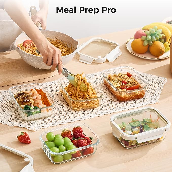 Vtopmart 5 Pack Glass Food Storage Containers with Glass Lids & Air Vent | Meal Prep & Leftover Storage Containers for Kitchen, Lunch and Refrigerator, Microwave Oven Freezer Dishwasher Safe
