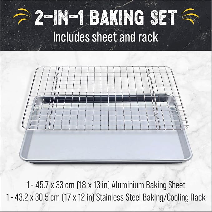 Baking Sheet Pan and Cooling Rack - Half Sheet, 18" x 13" Aluminum Cookie Sheets and Stainless Steel Wire Rack for Baking