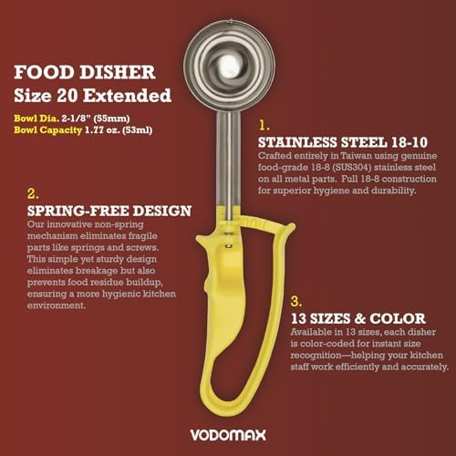 【Extended】#20 YELLOW (1.77 oz.) VODOMAX Heavy Duty Food Disher, Portion Scoop, Stainless 18-10 (SUS304), Potato Salad Disher, Palm-Squeeze, 13 Sizes, Color-Coded, Ice Cream Scoop, Gelato Scoop