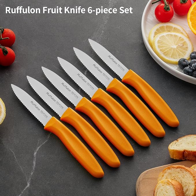 Stainless Steel Paring Knife With Serrated Blade, 6 Pieces Set Vegetable and Fruit Knife, Ultra Sharp Small Kitchen Knife, Orange Paring Knives with PP Plastic Ergonomic Handle.