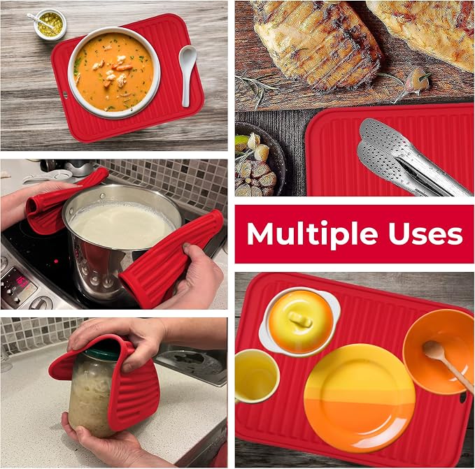 Silicone Trivets for Hot Dishes, Pots, Pans (2 Pack) - Heat-Resistant Pot Holders for Kitchen Countertop Mats - Silicone Trivet Mat (9 x 12 Inch) - Multipurpose Counter Pads (Red)