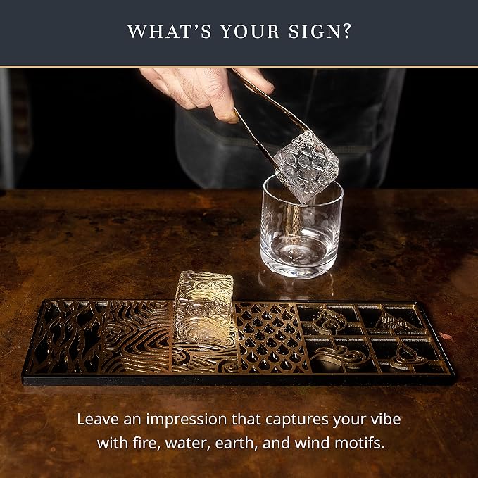 Clear Ice Cube Maker Design Tray - Craft Modern Ice Molds for Bourbon & Cocktails in 5 Seconds - Whiskey Mold Cube Stamp – Bartender Accessories - Copper Ice Press Cocktails by Ash Harbor (Elements)