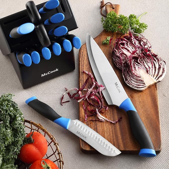 McCook Knife Sets, German Stainless Steel Kitchen Knife Block Sets with Built-in Sharpener