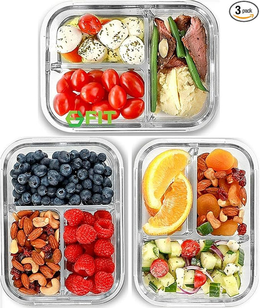 Glass Meal Prep Containers 3 Compartment, 3 Pack 32 oz Leakproof Lids Blue | Glass Bento Box for Portion Control, Airtight Snap-Lock, BPA-Free, Microwave Oven Freezer Dishwasher Safe Lunch Containers