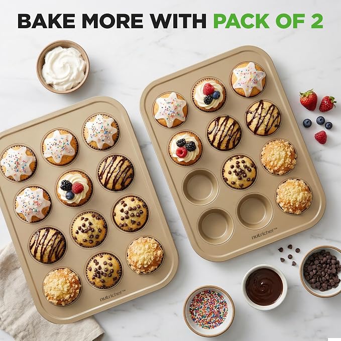 NutriChef Muffin Pans for Baking 2-Pack | Nonstick 12 Mold Cupcake Tins | Non-Toxic Carbon Steel Stackable Cup Cake Trays | Dishwasher & Oven Safe | Easy Release & Clean | Gold