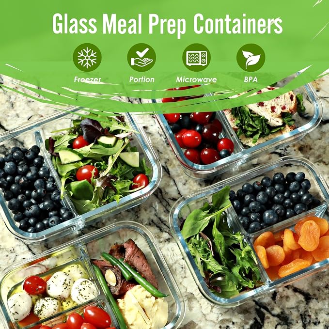 Glass Meal Prep Containers 2 & 3 Compartments Leak-Proof Lids 32 oz 4 Pack | Bento Box Lunch Containers, Food Storage, Portion Control, Airtight Lids, Microwave Oven Freezer Dishwasher Safe, Beige