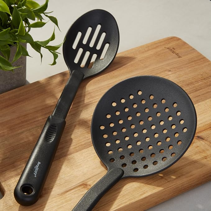 BergHOFF Studio 5Pc Nylon Cooking Utensil Set Skimmer Slotted Turner Slotted Spoon Soup Spoon Ladle Black Wide Handle with Hanging Ring Everyday Use