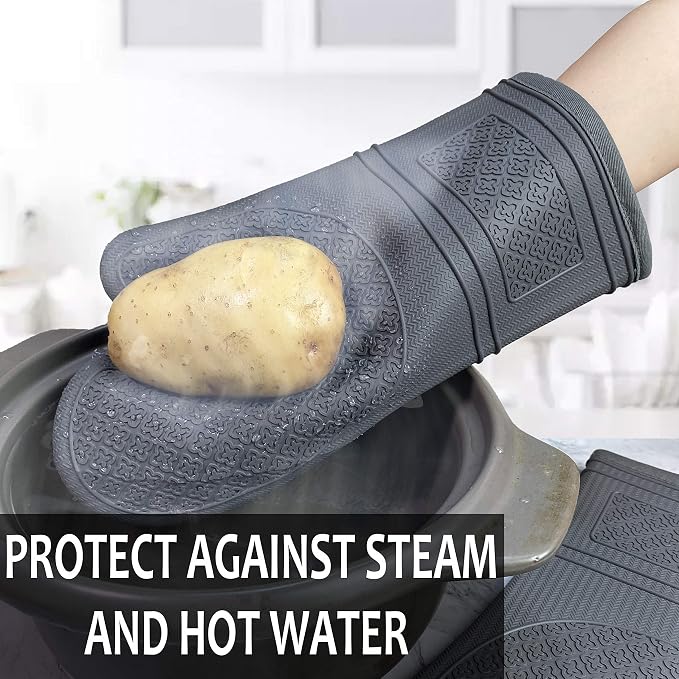 Yutat Silicone Oven Mitts, Oven Gloves with Non-Slip Silicone, 600 Degree Heat Resistant, Soft Cotton Lining, Waterproof and BAP-Free, Oven Mitts for Cooking and Baking - 1 Pair 12 Inch Charcoal Grey