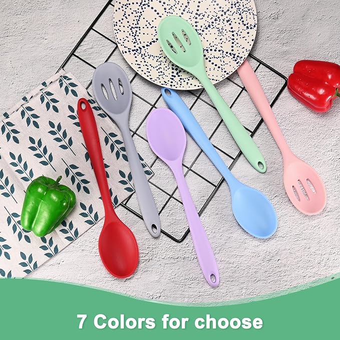 M METERXITY 2-Pack Silicone Cooking Spoons, 10.6" Mixing Nonstick Slotted and Solid Serving Spoons, Heat Resistant Utensils for Kitchen/Cooking/Baking/Stirring