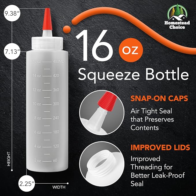 2-pack Plastic Squeeze Bottles for Sauces - 16oz Condiment Squeeze Bottles | for Liquids - BPA Free plastic Squirt Bottle with Cap - Ketchup, Syrup, Oil, Dressings, Honey, Restaurant, kitchen, Arts