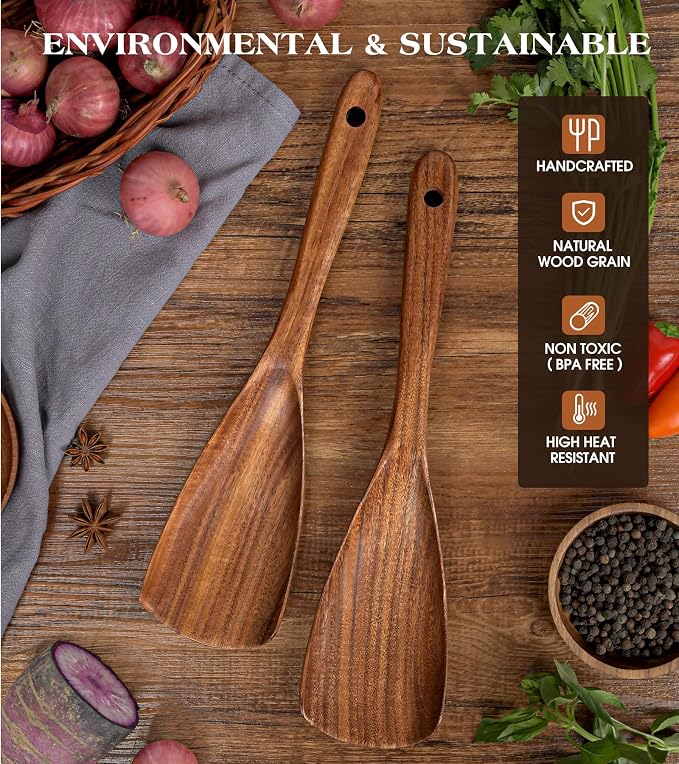 2Pcs Wooden Spatula Spoon, Multifunction Cooking Spoon for Nonstick Cookwares, Heat Resistant Acacia Wooden Spoon Spatula for Cooking, Mixing, Scooping, Scraping, BPA-Free, 11.6 x 2.8 Inch