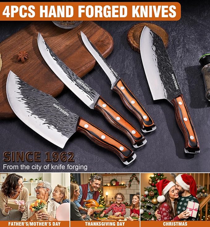 Naitesen 4PCS Hand Forged Butcher Knife and Kitchen Knife 2 in 1 Set | Gift Box Razor Sharp Heavy Duty Meat Cleaver Serbian Chef Knife Breaking Knife Boning Knife for Meat Cutting BBQ Kitchen Use