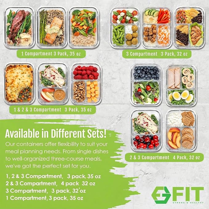 Glass Meal Prep Containers 2 and 3 Compartments, Leak-Proof, 32 oz, 4 Pack | Food Storage Bento Box, Lunch Containers Set, Snack Boxes, Portion Control, Dishwasher Oven Freezer Safe, Airtight Lids Blue