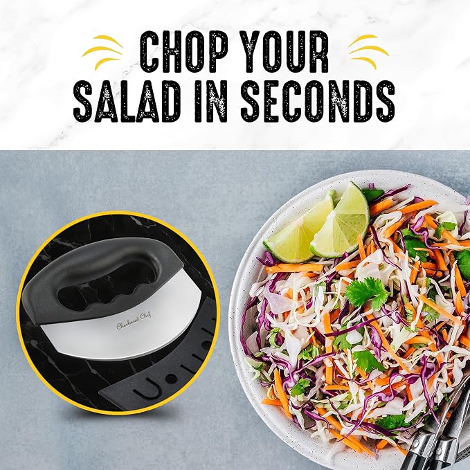 Checkered Chef Salad Chopper Tool with Cover | Mezzaluna Knife, Stainless Steel, Vegetable Rocker, Mincer, Cutter