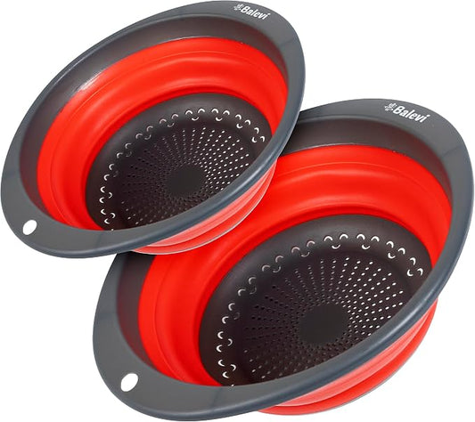 Collapsible Strainers for Kitchen, Red, Set of 2 | Made of Silicone, Collapsible Colander, Little Pegs to Keep Food Elevated