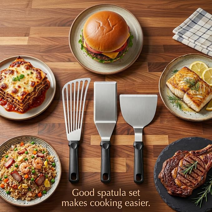 18/0 Stainless Steel Spatulas & 18/8 SS Fish Spatula, Silicone Non-slip Handle, Brushed Metal Spatula Set for Kitchen Use Cast Iron Skillet, BBQ Frying Griddle, Pack of 3
