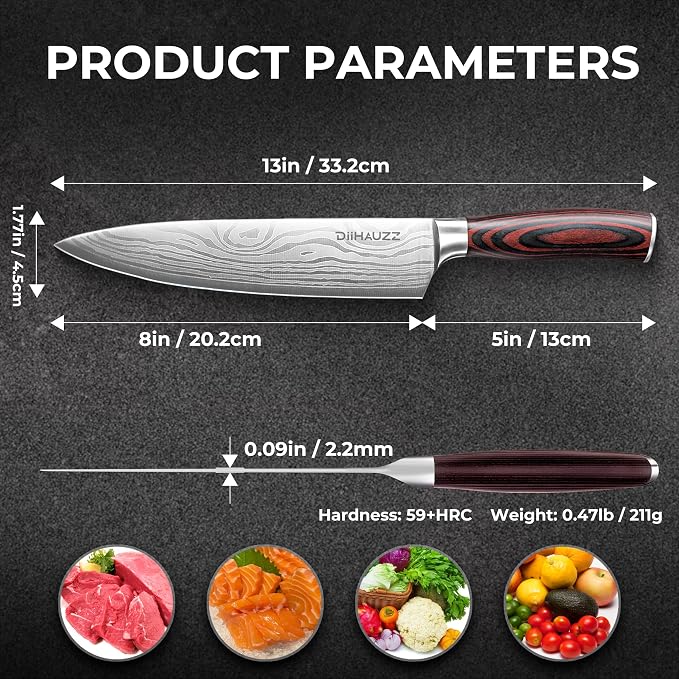 DiiHAUZZ 8 Inch Chef Knife, High Carbon Stainless Steel - Ultra Sharp Kitchen Gyutou Knife for Slicing Meat, Dicing Vegetables and Daily Meal Prep, Ergonomic Handle with Sheath, Gift Box