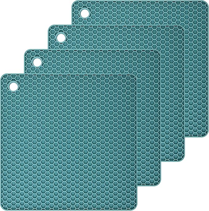Teal Silicone Trivets Mats Silicone Pot Mat for Countertop Trivet Pads Heat Resistant Table Placemats 4 Pack,Size:7.5x7.5 Inch, Shape: Square