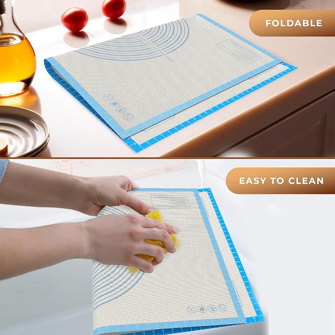 26 * 16 inches blue, Non-Slip Silicone Baking Sheets - Baking Mat with 0.7mm Thickness - Non-Stick Pastry & Cookie Mat for Kitchen Counter for Rolling Out Dough with Measurements.