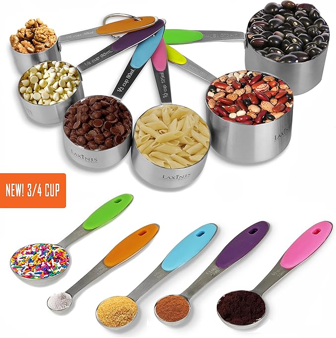 New Version! 11 Piece Measuring Cups And Spoons Set by Laxinis World | Sturdy Stainless Steel Stackable 6 Cups and 5 Spoons with Soft Silicone Handles to Measure Dry and Liquid Ingredients