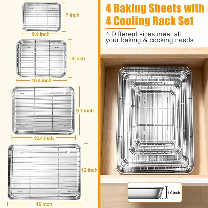 Homikit Baking Sheet with Wire Rack Set (4 Pans + 4 Racks), 16/12/10/9 Inch | Stainless Steel Sheet Pans with Cooling Racks for Oven, Heavy Duty Metal Cookie Bacon Baking Trays Non Toxic, Dishwasher Safe