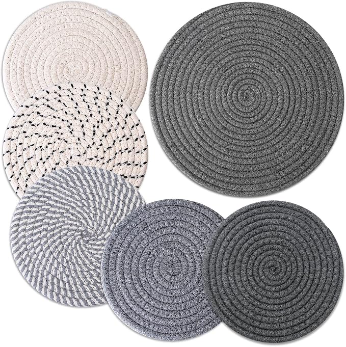 Billbotk Trivets for Hot Dishes, 6 Pieces Pot Holders for Kitchen, 100% Cotton Woven Hot Pads for Kitchen, Trivets for Kitchen Heat Resistant, 11.8 Inches and 7 Inches