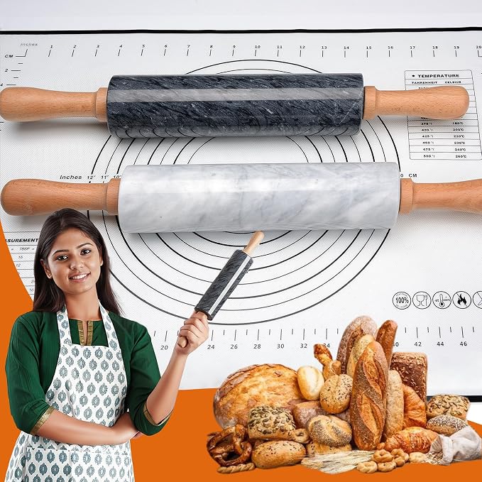 18.5 inches Marble Rolling Pin,Large Non-Stick Dough Roller,for making pizza, cookies,pie crusts, and pasta.with Silicone Pastry Mat,Stainless Steel Scraper,and Small Wooden Roller Pin(Black)