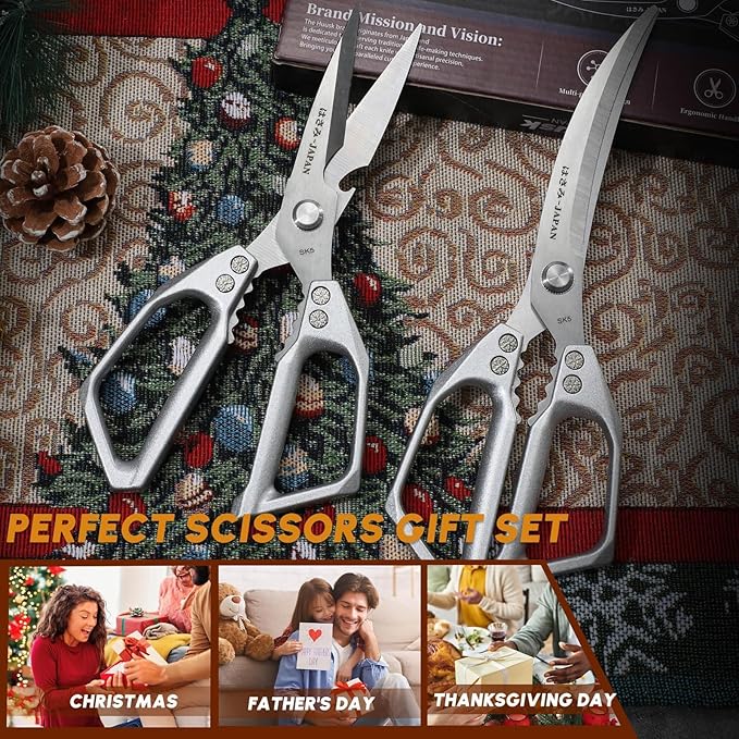 HUUSK Kitchen Scissors Set Silver - Stainless Steel Kitchen Shear, Sharp Meat Scissors, Heavy Duty Poultry Shears, Japanese Cooking Scissor for Food, Gifts for Men Women