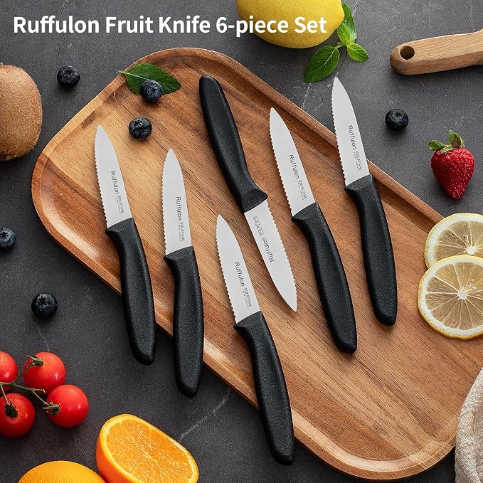 Stainless Steel Paring Knife With Serrated Blade, 6 Pieces Set Vegetable and Fruit Knife, Ultra Sharp Small Kitchen Knife, Black Paring Knifves with PP Plastic Ergonomic Handle.