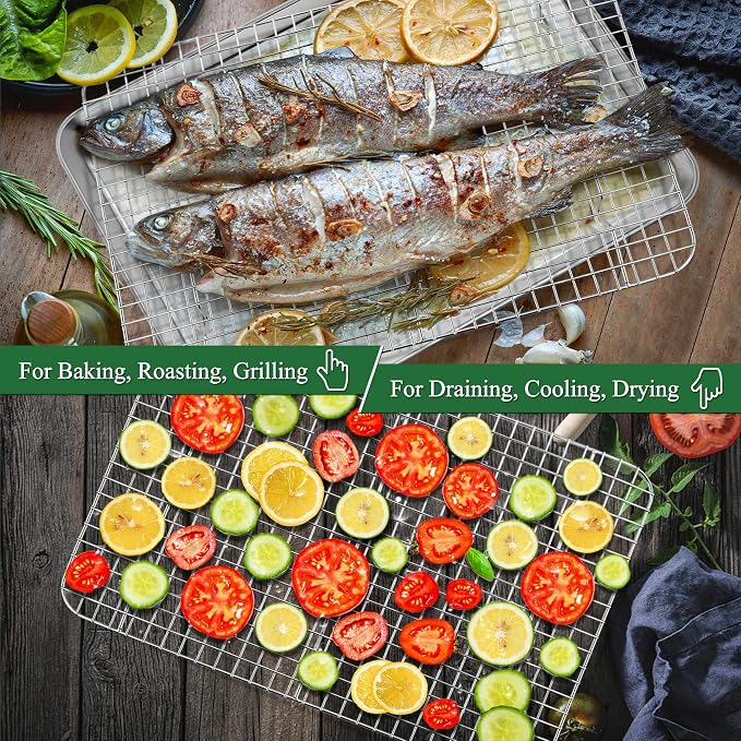 P&P CHEF 16 Inch Baking Sheet Pan and Cooking Rack - 4 Pieces | 2x Cookie Sheet + 2x Grid Rack, Stainless Steel Oven Tray with Wire Rack for Oven Baking, Healthy & Sturdy & Easy to Clean