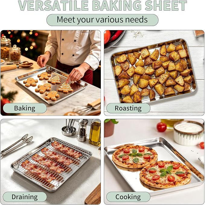 TeamFar Stainless Steel Baking Sheet with Rack Set, 17.6"x13"x1" | 2 Pans + 2 Racks, Cookie Sheet Baking Pan Tray with Cooling Rack for Cooking, Non-Toxic & Rust Proof, Dishwasher Safe