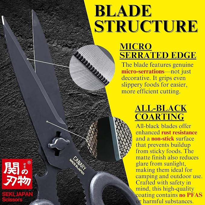 CANARY Japanese Kitchen Scissors All Purpose Heavy Duty 8.2" Matte Black, Made in JAPAN, Dishwasher Safe Come Apart Blade, Multipurpose Kitchen Shears, Sharp Serrated Japanese Stainless Steel Blade